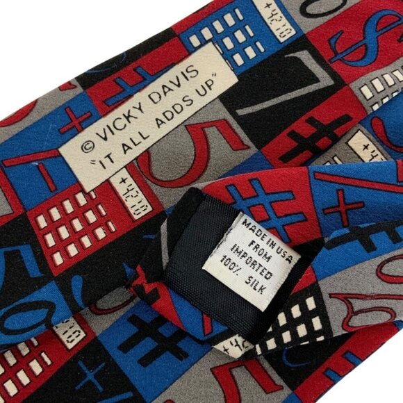 Vicky Davis New York Silk Tie It All Adds Up Numbers Symbols Calculator 1990s - Picture 4 of 4
